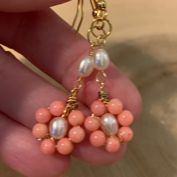 Handmade Coral and Pearl Flower Earrings - Picture 3 of 7